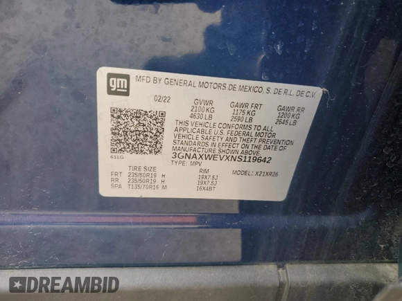 2022 Chevrolet Equinox RS with VIN 3GNAXWEVXNS119642, listed as a Copart auction lot 54705345 with 33,441 mi miles and Salvage title. Bid and sale history available at DreamBid. Image 12.