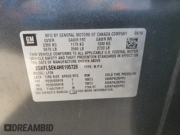 2017 GMC Terrain SLE with VIN 2GKFLSEK4H6195728, listed as a Copart auction lot 53819355 with 60,765 mi miles and Salvage Title. Bid and sale history available at carsss.com. Image 14.