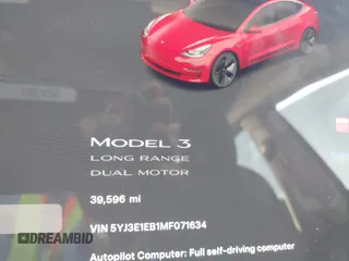 2021 Tesla Model 3 Long Range with VIN 5YJ3E1EB1MF071634, listed as a IAAI auction lot 41964321 with 39,596 mi miles. Bid and sale history available at carsss.com. Image 15.