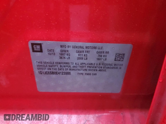 2014 Chevrolet Sonic LT with VIN 1G1JC6SB8E4123986, listed as a Copart auction lot 82403563 with 152,352 mi miles and Salvage Title. Bid and sale history available at carsss.com. Image 12.