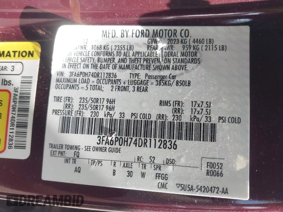 2013 Ford Fusion SE with VIN 3FA6P0H74DR112836, listed as a IAAI auction lot 41996109 with 98,241 mi miles and . Bid and sale history available at DreamBid. Image 9.