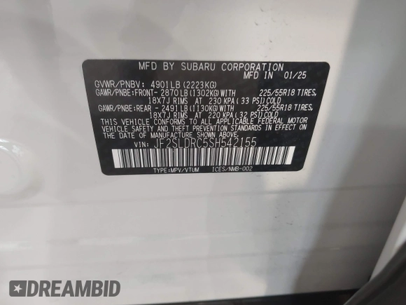 2025 Subaru Forester Limited with VIN JF2SLDRC5SH542155, listed as a IAAI auction lot 42285852 with 4,719 mi miles and . Bid and sale history available at DreamBid. Image 9.