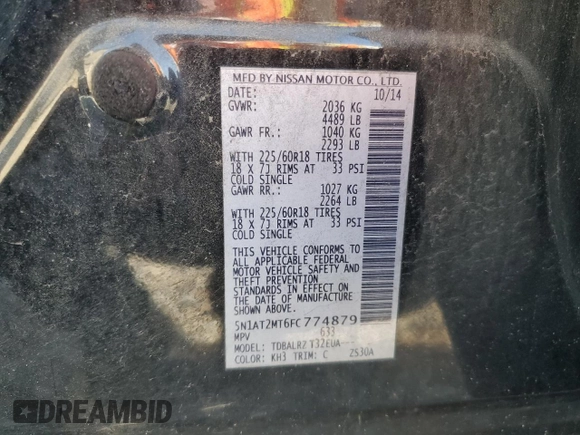 2015 Nissan Rogue SL with VIN 5N1AT2MT6FC774879, listed as a Copart auction lot 49214455 with 210,138 mi miles and Salvage Title. Bid and sale history available at carsss.com. Image 13.