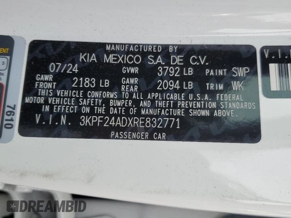 2024 Kia Forte LXS with VIN 3KPF24ADXRE832771, listed as a Copart auction lot 49672725 with 2,808 mi miles and Salvage Title. Bid and sale history available at DreamBid. Image 15.