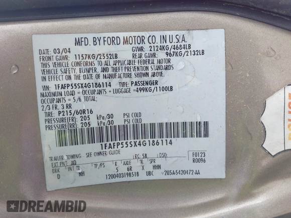 2004 Ford Taurus SES with VIN 1FAFP55SX4G186114, listed as a IAAI auction lot 41899257 with 204,110 mi miles and . Bid and sale history available at DreamBid. Image 9.
