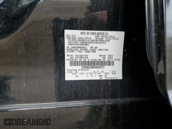 2015 Ford Flex Limited z VIN 2FMHK6D88FBA09273, wystawiony jako Copart lot #53300425 z przebiegiem Nie podano mil oraz Szkoda całkowita • Salvage title. Historia ofert i sprzedaży dostępna na DreamBid. Obrazek 12.