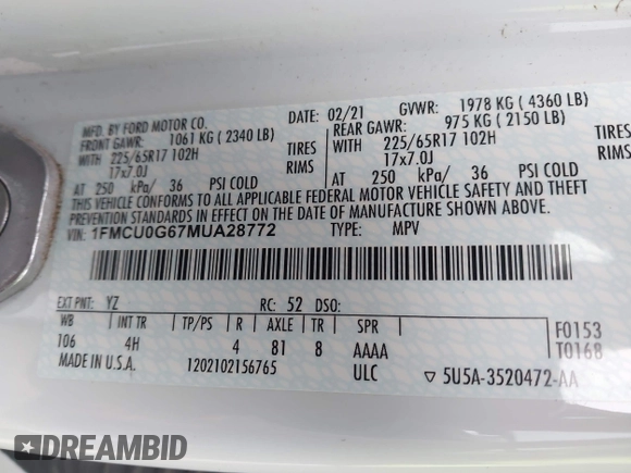 2021 Ford Escape SE with VIN 1FMCU0G67MUA28772, listed as a IAAI auction lot 42114499 with 21,818 mi miles and . Bid and sale history available at DreamBid. Image 9.