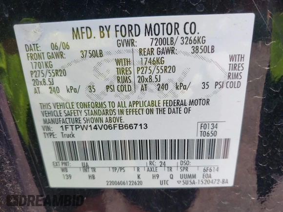 2006 Ford F-150 XLT z VIN 1FTPW14V06FB66713, wystawiony jako IAAI lot #42476916 z przebiegiem 155 509 mil mil oraz . Historia ofert i sprzedaży dostępna na DreamBid. Obrazek 9.