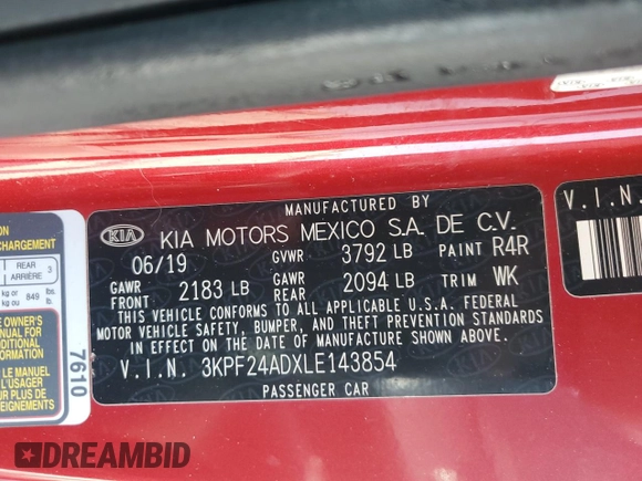 2020 Kia Forte LXS with VIN 3KPF24ADXLE143854, listed as a Copart auction lot 55172505 with 102,809 mi miles and Clean Title. Bid and sale history available at carsss.com. Image 12.