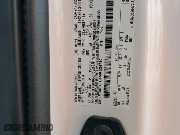 2021 Ford F-150 XL с VIN 1FTMF1EB4MKE24730, выставлен на аукционе Copart как лот 82146694 с пробегом 52 910 миль миль и Списание • Salvage title. История ставок и продаж доступна на DreamBid. Изображение 12.