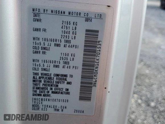 2014 Nissan NV200 S с VIN 3N6CM0KN1EK701539, выставлен на аукционе Copart как лот 63879545 с пробегом 302 513 миль миль и Чистый • Clean title. История ставок и продаж доступна на DreamBid. Изображение 13.