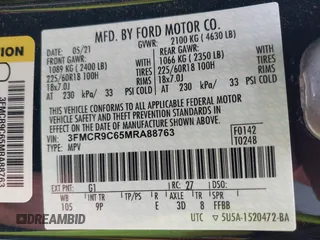 2021 Ford Bronco Sport Outer Banks z VIN 3FMCR9C65MRA88763, wystawiony jako IAAI lot #42113358 z przebiegiem 17 495 mil mil oraz . Historia ofert i sprzedaży dostępna na DreamBid. Obrazek 9.