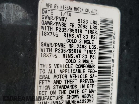 2014 Nissan Murano LE with VIN JN8AZ1MU4EW409057, listed as a Copart auction lot 45227415 with 128,579 mi miles and Salvage Title. Bid and sale history available at carsss.com. Image 14.