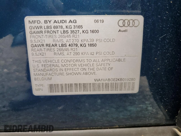 2019 Audi e-tron Prestige with VIN WA1VABGE2KB019280, listed as a Copart auction lot 53157365 with 53,912 mi miles and Salvage title. Bid and sale history available at DreamBid. Image 13.