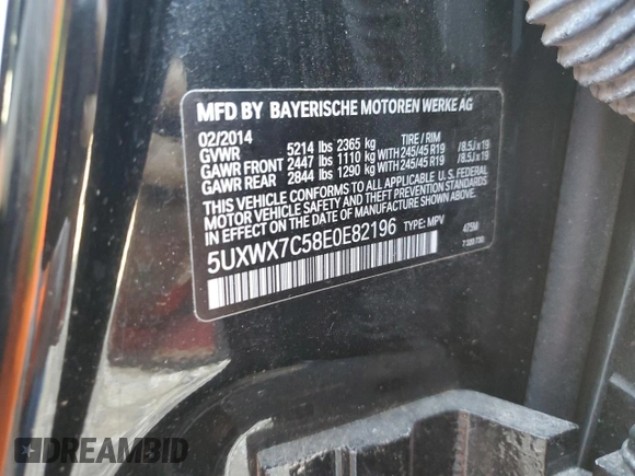 2014 BMW X3 xDrive35i with VIN 5UXWX7C58E0E82196, listed as a Copart auction lot 84870074 with 110,254 mi miles and Salvage Title. Bid and sale history available at DreamBid. Image 13.