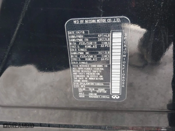 2019 Infiniti QX50 LUXE with VIN 3PCAJ5M10KF108026, listed as a IAAI auction lot 41717530 with NaN miles. Bid and sale history available at carsss.com. Image 9.