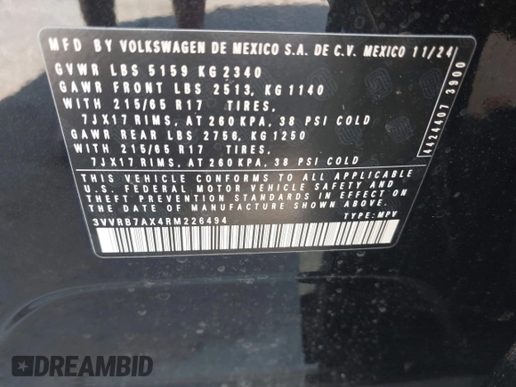 2024 Volkswagen Tiguan S z VIN 3VVRB7AX4RM226494, wystawiony jako IAAI lot #42000799 z przebiegiem 946 mil mil oraz . Historia ofert i sprzedaży dostępna na DreamBid. Obrazek 9.