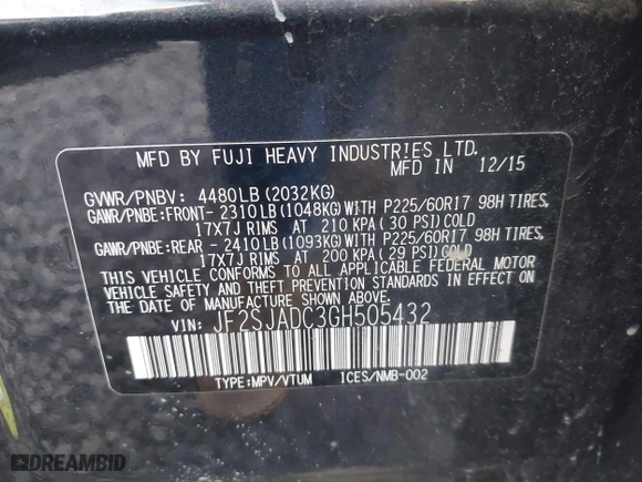 2016 Subaru Forester 2.5i Premium with VIN JF2SJADC3GH505432, listed as a IAAI auction lot 41992158 with 79,278 mi miles. Bid and sale history available at carsss.com. Image 8.