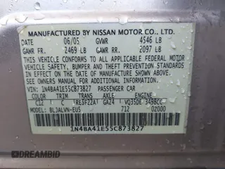 2005 Nissan Maxima SE with VIN 1N4BA41E55C873827, listed as a IAAI auction lot 42433330 with 173,473 mi miles and . Bid and sale history available at DreamBid. Image 9.