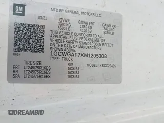 2021 Chevrolet Express Cargo with VIN 1GCWGAF7XM1205308, listed as a IAAI auction lot 41829936 with 64,548 mi miles and . Bid and sale history available at DreamBid. Image 9.