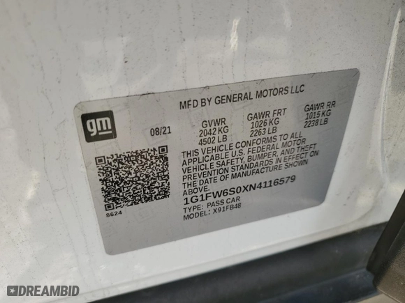 2022 Chevrolet Bolt EV 1LT with VIN 1G1FW6S0XN4116579, listed as a Copart auction lot 41822115 with 42,549 mi miles and Salvage Title. Bid and sale history available at carsss.com. Image 12.