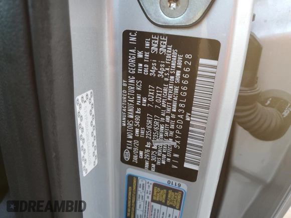 2020 Kia Sorento LX with VIN 5XYPGDA38LG666628, listed as a Copart auction lot 49224265 with 93,704 mi miles and Clean Title. Bid and sale history available at DreamBid. Image 12.