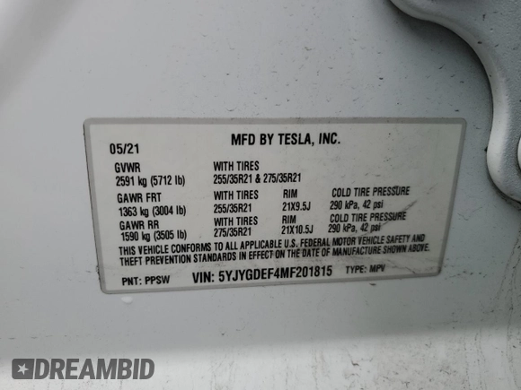 2021 Tesla Model Y Performance with VIN 5YJYGDEF4MF201815, listed as a Copart auction lot 42453075 with 76,888 mi miles and Salvage Title. Bid and sale history available at DreamBid. Image 16.