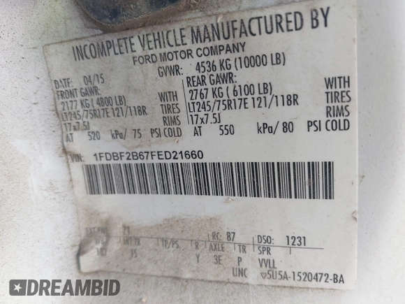 2015 Ford F-250 XL with VIN 1FDBF2B67FED21660, listed as a IAAI auction lot 42014093 with 560,205 mi miles and . Bid and sale history available at DreamBid. Image 9.