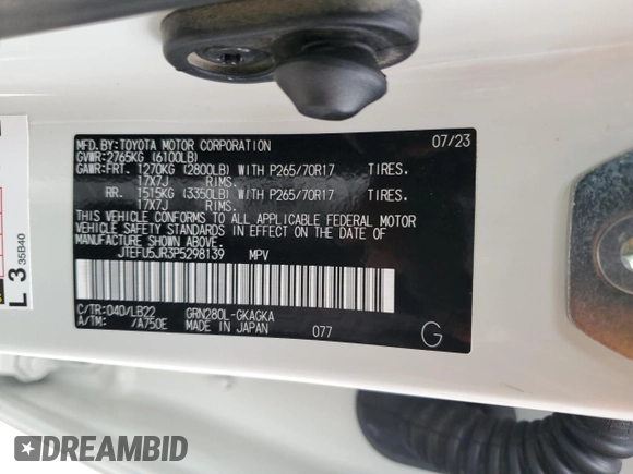 2023 Toyota 4Runner SR5 Premium с VIN JTEFU5JR3P5298139, выставлен на аукционе Copart как лот 51653405 с пробегом 32 078 миль миль и Списание • Salvage title. История ставок и продаж доступна на DreamBid. Изображение 12.