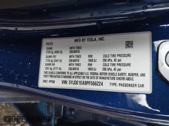 2023 Tesla Model 3 z VIN 5YJ3E1EA9PF566224, wystawiony jako IAAI lot #42292218 z przebiegiem 22 730 mil mil oraz . Historia ofert i sprzedaży dostępna na DreamBid. Obrazek 9.
