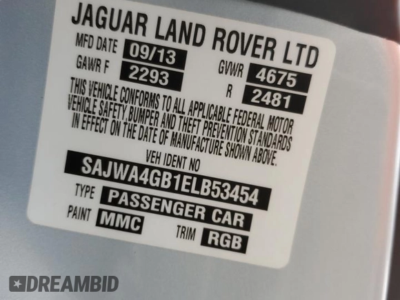 2014 Jaguar XK with VIN SAJWA4GB1ELB53454, listed as a Copart auction lot 76628204 with 0 mi miles and Non Repairable. Bid and sale history available at carsss.com. Image 13.