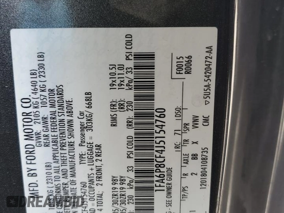 2018 Ford Mustang GT with VIN 1FA6P8CF4J5154760, listed as a Copart auction lot 50172575 with Not Provided miles and Salvage Title. Bid and sale history available at DreamBid. Image 12.