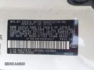 2009 Toyota Camry z VIN 4T1BE46K49U920421, wystawiony jako IAAI lot #42388433 z przebiegiem 132 339 mil mil oraz . Historia ofert i sprzedaży dostępna na DreamBid. Obrazek 9.