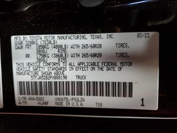2023 Toyota Tundra Limited with VIN 5TFJA5DB2PX088190, listed as a Copart auction lot 78568164 with 10,932 mi miles and Salvage title. Bid and sale history available at DreamBid. Image 14.