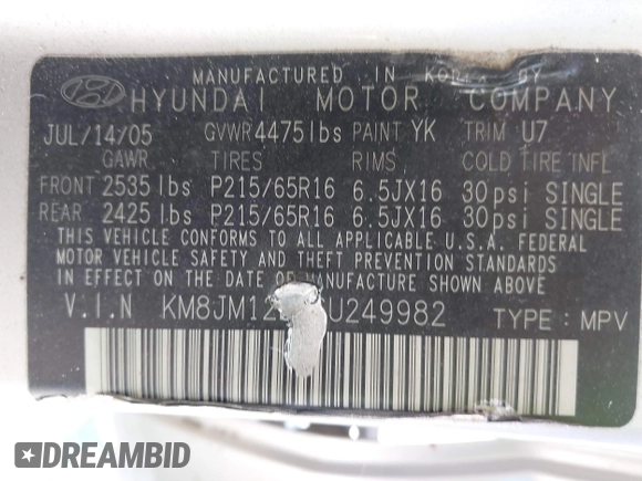 2006 Hyundai Tucson GL with VIN KM8JM12BX6U249982, listed as a IAAI auction lot 41976033 with 107,153 mi miles. Bid and sale history available at carsss.com. Image 9.