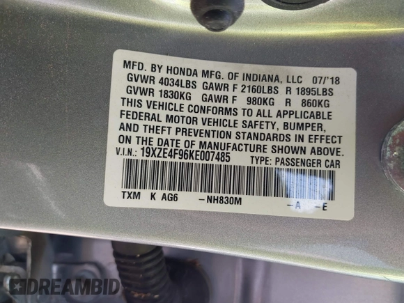2019 Honda Insight Touring with VIN 19XZE4F96KE007485, listed as a IAAI auction lot 41946494 with Not Provided miles and . Bid and sale history available at DreamBid. Image 9.