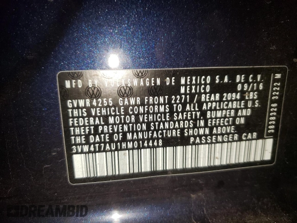 2017 Volkswagen GTI S z VIN 3VW4T7AU1HM014448, wystawiony jako Copart lot #65749292 z przebiegiem 58 508 mil mil oraz . Historia ofert i sprzedaży dostępna na DreamBid. Obrazek 10.