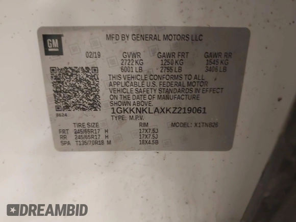 2019 GMC Acadia SLE with VIN 1GKKNKLAXKZ219061, listed as a IAAI auction lot 41198835 with 106,356 mi miles. Bid and sale history available at carsss.com. Image 9.