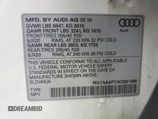 2019 Audi Q7 Premium z VIN WA1AAAF73KD031566, wystawiony jako Copart lot #57847165 z przebiegiem 24 151 mil mil oraz Szkoda całkowita • Salvage title. Historia ofert i sprzedaży dostępna na DreamBid. Obrazek 13.