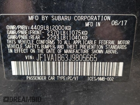 2018 Subaru WRX Premium with VIN JF1VA1B63J9805665, listed as a Copart auction lot 47117885 with 85,319 mi miles and Salvage Title. Bid and sale history available at carsss.com. Image 12.