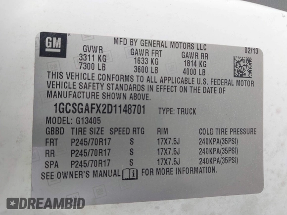 2013 Chevrolet Express Cargo with VIN 1GCSGAFX2D1148701, listed as a IAAI auction lot 42215285 with 265,463 mi miles and . Bid and sale history available at DreamBid. Image 9.