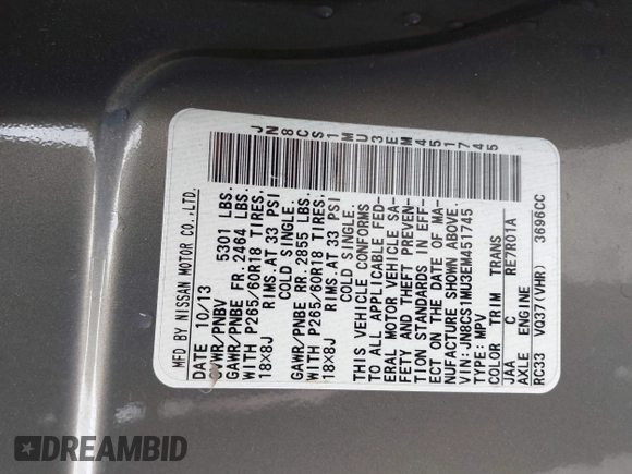 2014 Infiniti QX70 z VIN JN8CS1MU3EM451745, wystawiony jako IAAI lot #42203922 z przebiegiem 144 990 mil mil oraz . Historia ofert i sprzedaży dostępna na DreamBid. Obrazek 9.