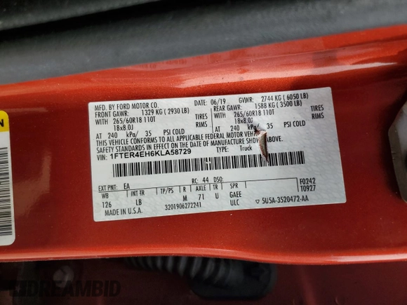 2019 Ford Ranger XL with VIN 1FTER4EH6KLA58729, listed as a Copart auction lot 60409705 with Not provided miles and Salvage title. Bid and sale history available at DreamBid. Image 12.