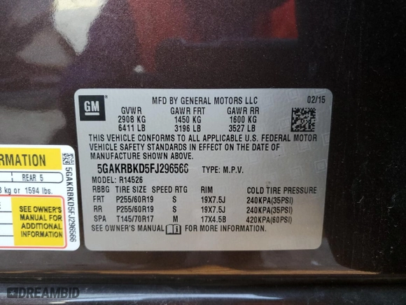 2015 Buick Enclave Leather with VIN 5GAKRBKD5FJ296566, listed as a Copart auction lot 48250405 with NaN miles and Salvage Title. Bid and sale history available at carsss.com. Image 14.