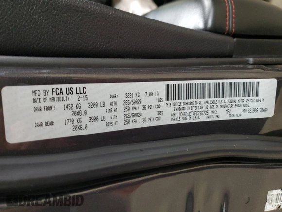 2015 Dodge Durango R/T with VIN 1C4SDJCT4FC786725, listed as a Copart auction lot 57618275 with 183,188 mi miles and Non repairable. Bid and sale history available at DreamBid. Image 13.
