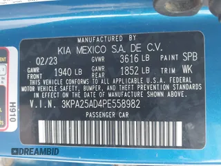 2023 Kia Rio S with VIN 3KPA25AD4PE558982, listed as a IAAI auction lot 41338270 with 40,965 mi miles and . Bid and sale history available at DreamBid. Image 9.