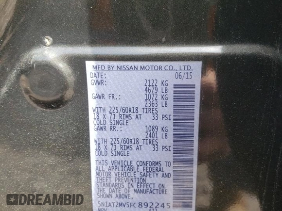 2015 Nissan Rogue SV with VIN 5N1AT2MV5FC892245, listed as a Copart auction lot 54838525 with 77,247 mi miles and Salvage Title. Bid and sale history available at DreamBid. Image 13.