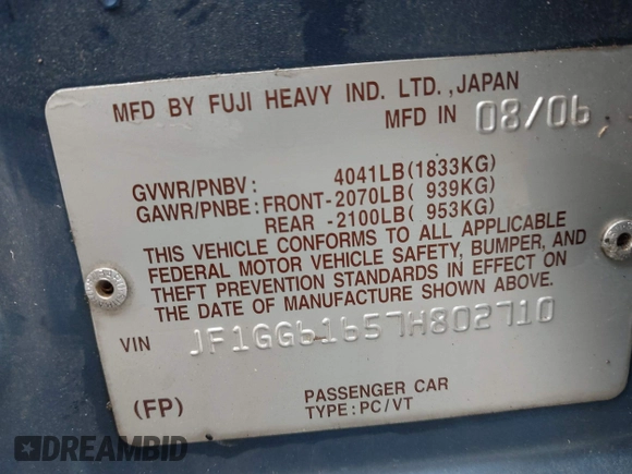 2007 Subaru Impreza i с VIN JF1GG61657H802710, выставлен на аукционе IAAI как лот 42179906 с пробегом 138 339 миль миль и . История ставок и продаж доступна на DreamBid. Изображение 9.