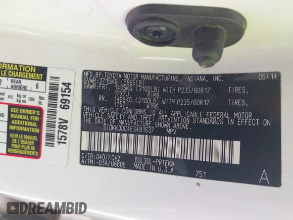 2014 Toyota Sienna LE AAS с VIN 5TDKK3DC4ES491637, выставлен на аукционе IAAI как лот 41906264 с пробегом 174 835 миль миль и . История ставок и продаж доступна на DreamBid. Изображение 9.