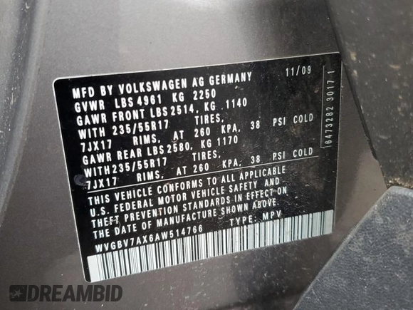 2010 Volkswagen Tiguan SEL with VIN WVGBV7AX6AW514766, listed as a Copart auction lot 45982075 with Not Provided miles and Clean Title. Bid and sale history available at DreamBid. Image 13.